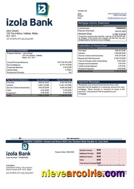 Malta Izola Bank mortgage statement Word and PDF template